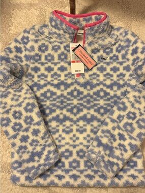 Vineyard Vines Girls Plush Half-Zip Pullover - Blue, White, Pink Trim